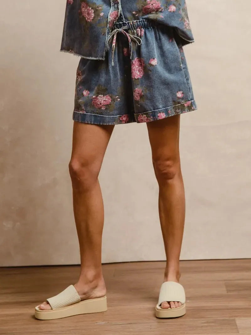 Rosy Days Floral Denim Shorts by BiBi-Women's Shorts-Shop Z & Joxa