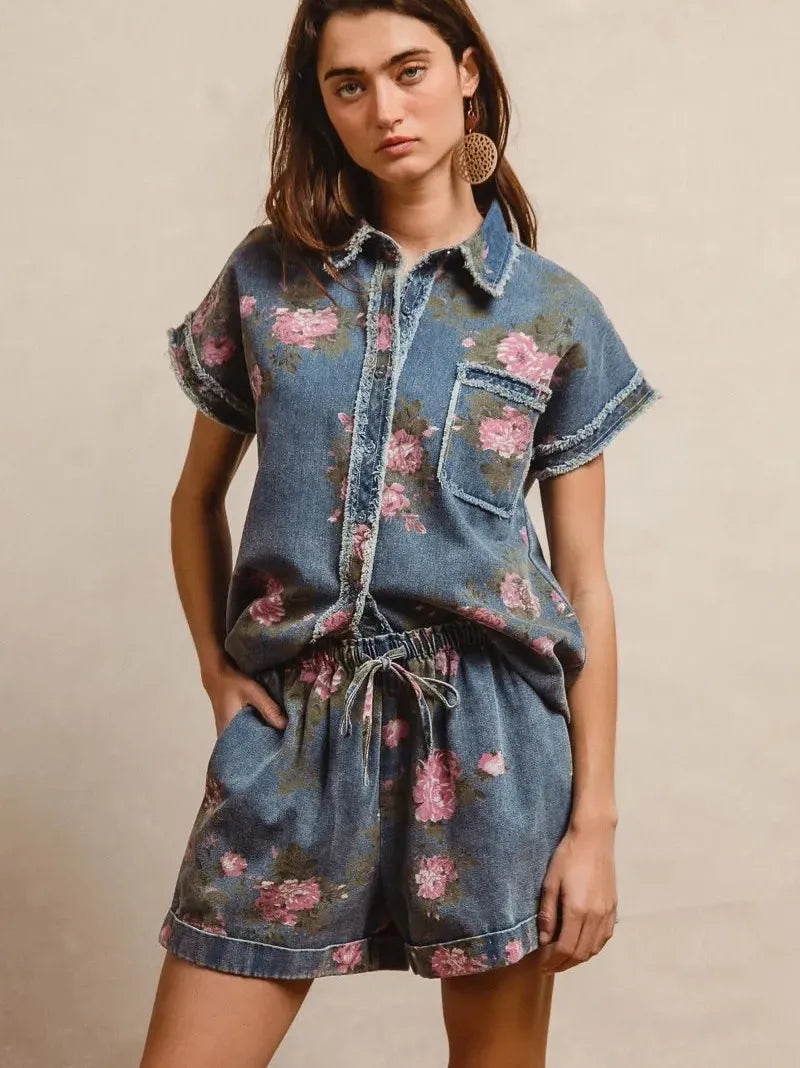 Rosy Days Floral Denim Shorts by BiBi-Women's Shorts-Shop Z & Joxa