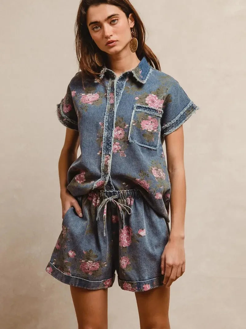 Rosy Days Floral Denim Shorts by BiBi-Women's Shorts-Shop Z & Joxa