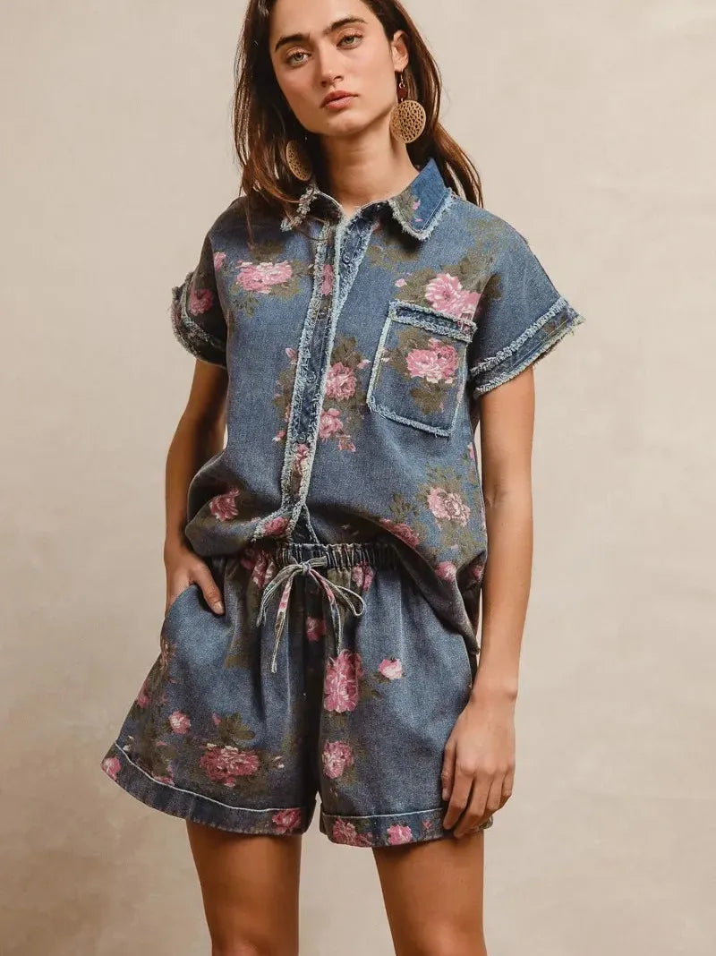 Rosy Days Floral Denim Shorts by BiBi-Women's Shorts-Shop Z & Joxa