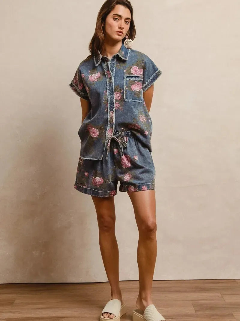 Rosy Days Floral Denim Shorts by BiBi-Women's Shorts-Shop Z & Joxa