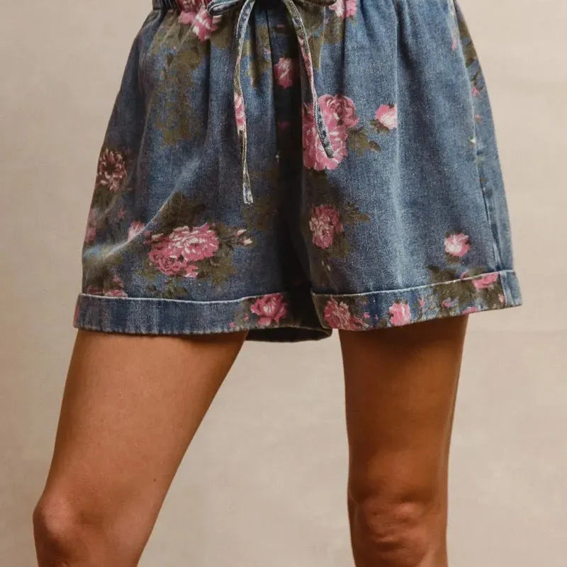 Rosy Days Floral Denim Shorts by BiBi-Women's Shorts-Shop Z & Joxa