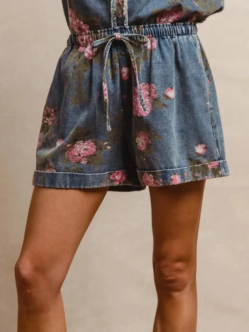 Rosy Days Floral Denim Shorts by BiBi-Women's Shorts-Shop Z & Joxa