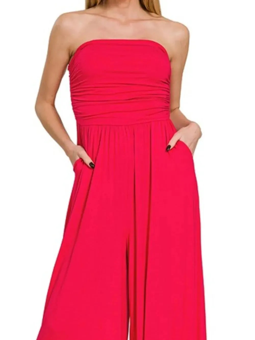 Ruby Red Elegance Strapless Palazzo Pocket Jumpsuit by Zenana-Women's Jumpsuits-Shop Z & Joxa