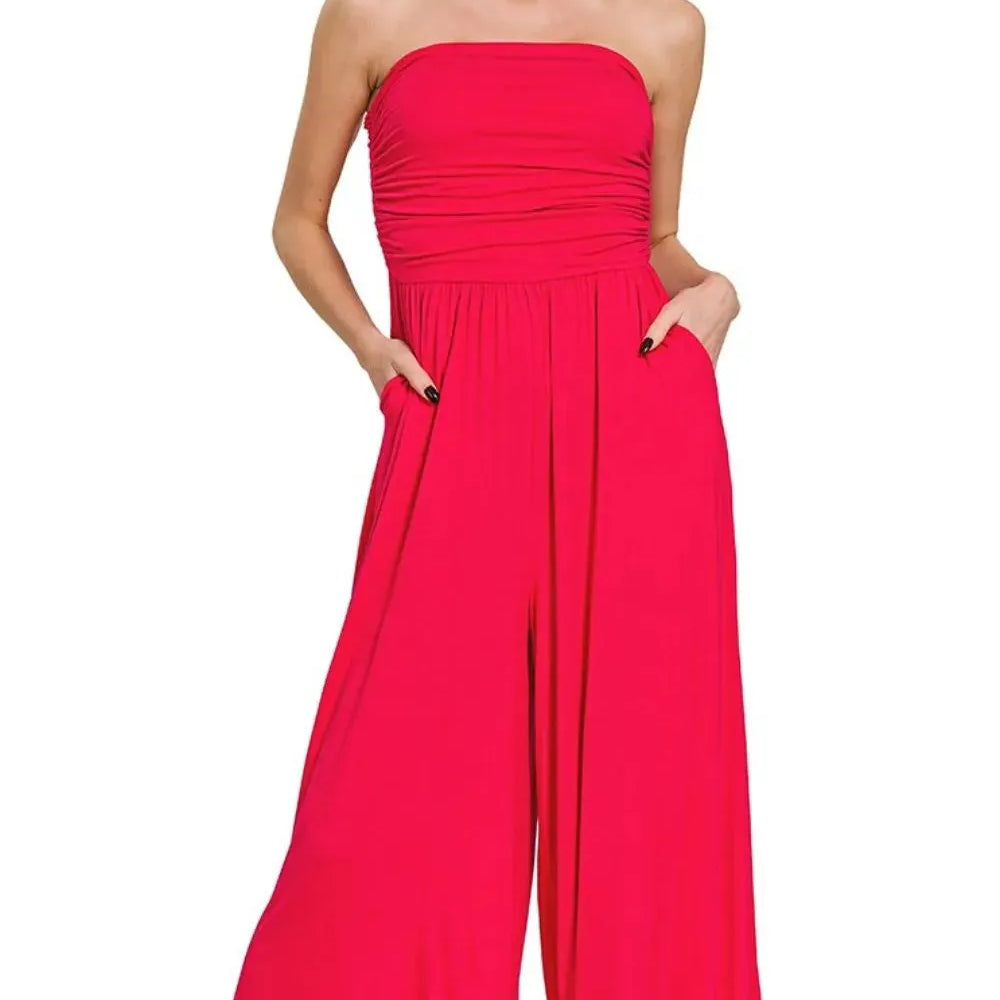 Ruby Red Elegance Strapless Palazzo Pocket Jumpsuit by Zenana-Women's Jumpsuits-Shop Z & Joxa