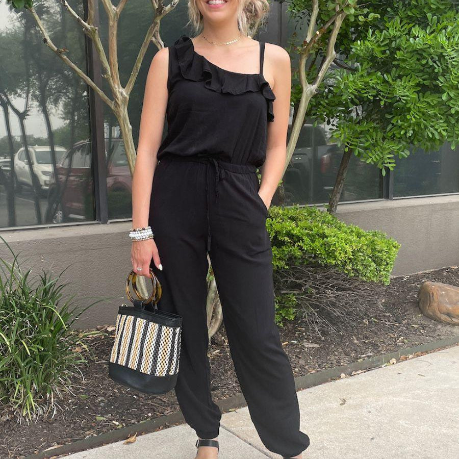 Ruffle Shoulder Black Jumpsuit | Ethical Fashion-Women's Clothing-Shop Z & Joxa