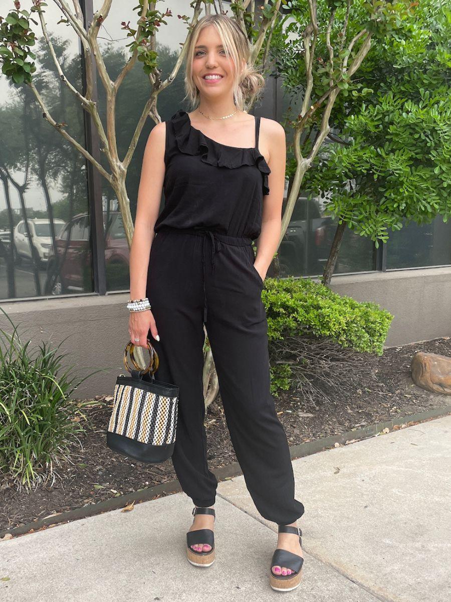 Ruffle Shoulder Black Jumpsuit | Ethical Fashion-Women's Clothing-Shop Z & Joxa