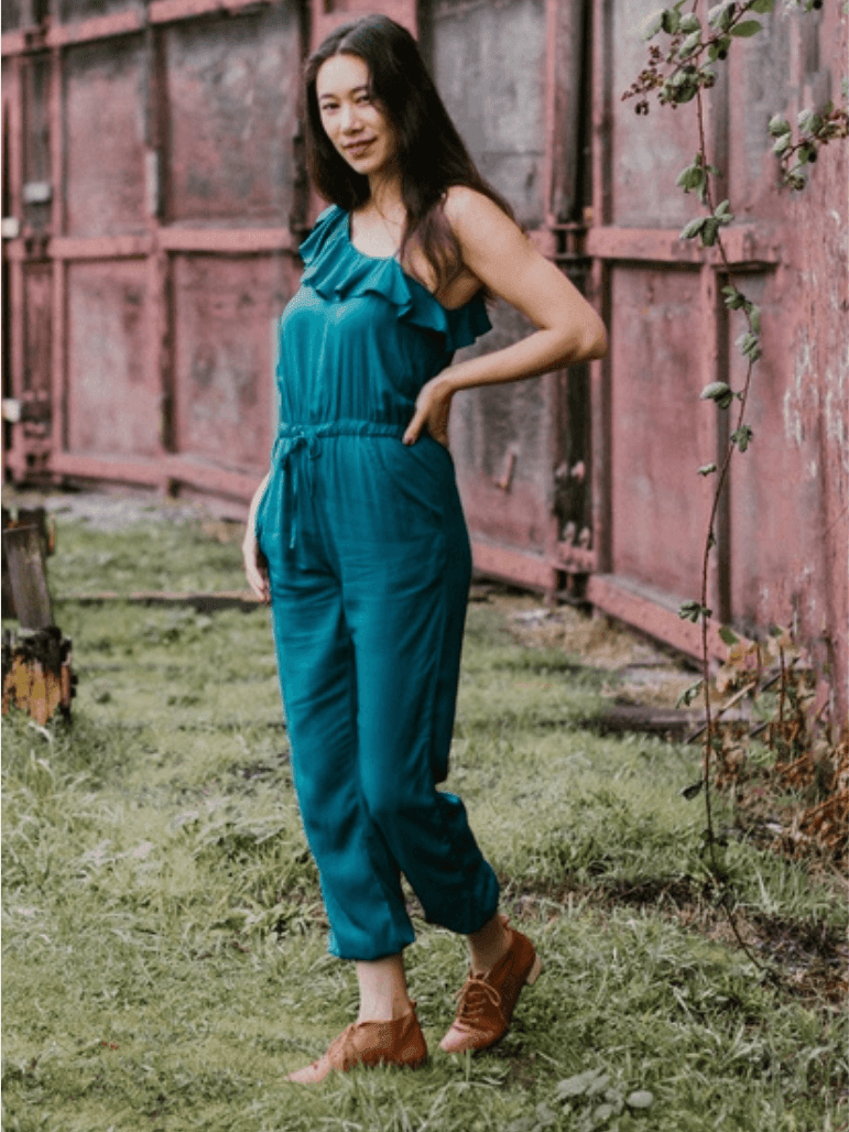 Ruffle Shoulder Emerald Jumpsuit | Ethical Fashion-Women's Jumpsuits-Shop Z & Joxa