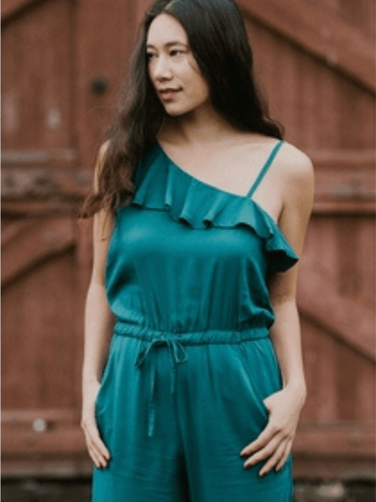 Ruffle Shoulder Emerald Jumpsuit | Ethical Fashion-Women's Jumpsuits-Shop Z & Joxa