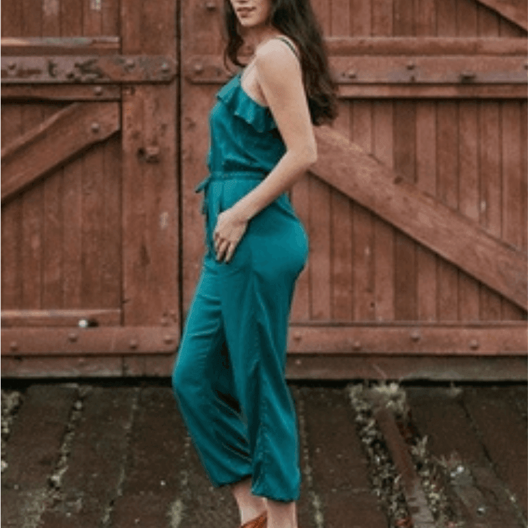 Ruffle Shoulder Emerald Jumpsuit | Ethical Fashion-Women's Jumpsuits-Shop Z & Joxa
