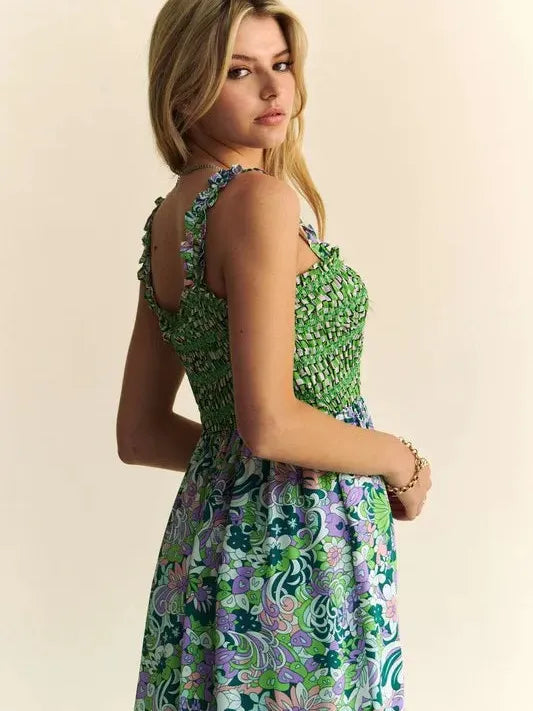 Sage in Bloom Smocked Bodice Ruffle Midi Dress-Women's Dresses-Shop Z & Joxa