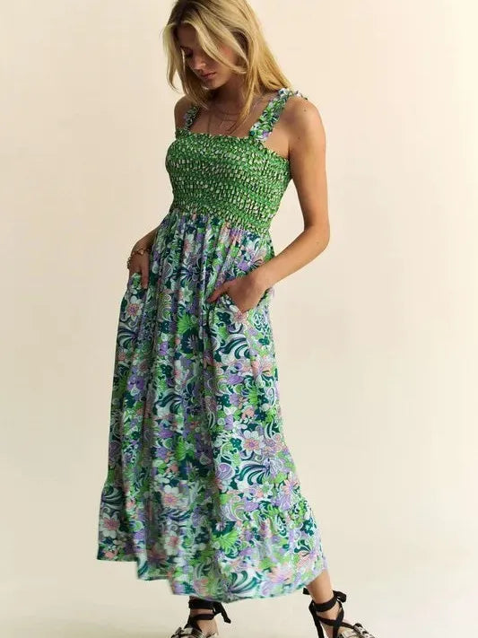 Sage in Bloom Smocked Bodice Ruffle Midi Dress-Women's Dresses-Shop Z & Joxa