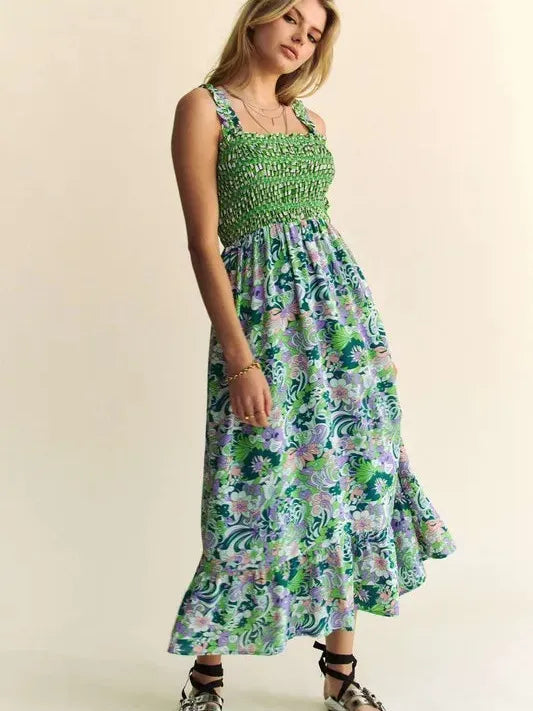 Sage in Bloom Smocked Bodice Ruffle Midi Dress-Women's Dresses-Shop Z & Joxa