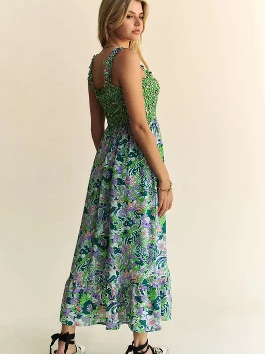 Sage in Bloom Smocked Bodice Ruffle Midi Dress-Women's Dresses-Shop Z & Joxa