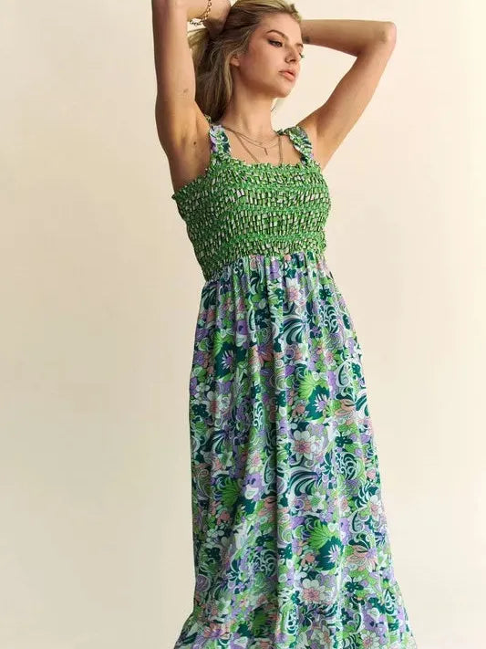 Sage in Bloom Smocked Bodice Ruffle Midi Dress-Women's Dresses-Shop Z & Joxa
