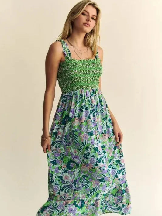 Sage in Bloom Smocked Bodice Ruffle Midi Dress-Women's Dresses-Shop Z & Joxa