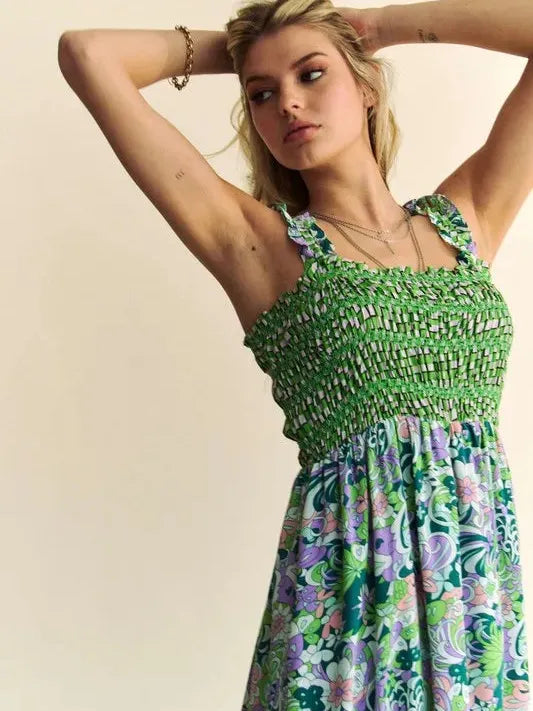 Sage in Bloom Smocked Bodice Ruffle Midi Dress-Women's Dresses-Shop Z & Joxa