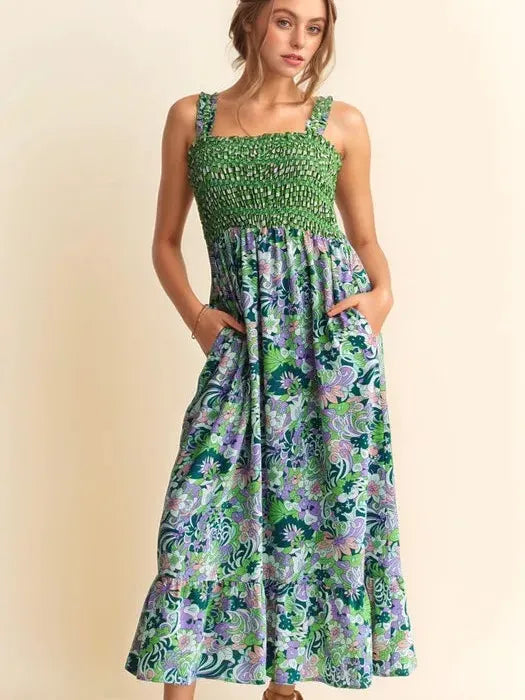 Sage in Bloom Smocked Bodice Ruffle Midi Dress-Women's Dresses-Shop Z & Joxa