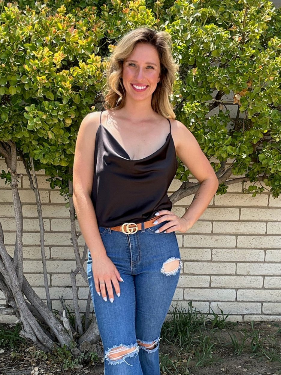 Satin Diva Cropped Cowl Neck Crisscross Cami Top-Women's Shirts & Tops-Shop Z & Joxa