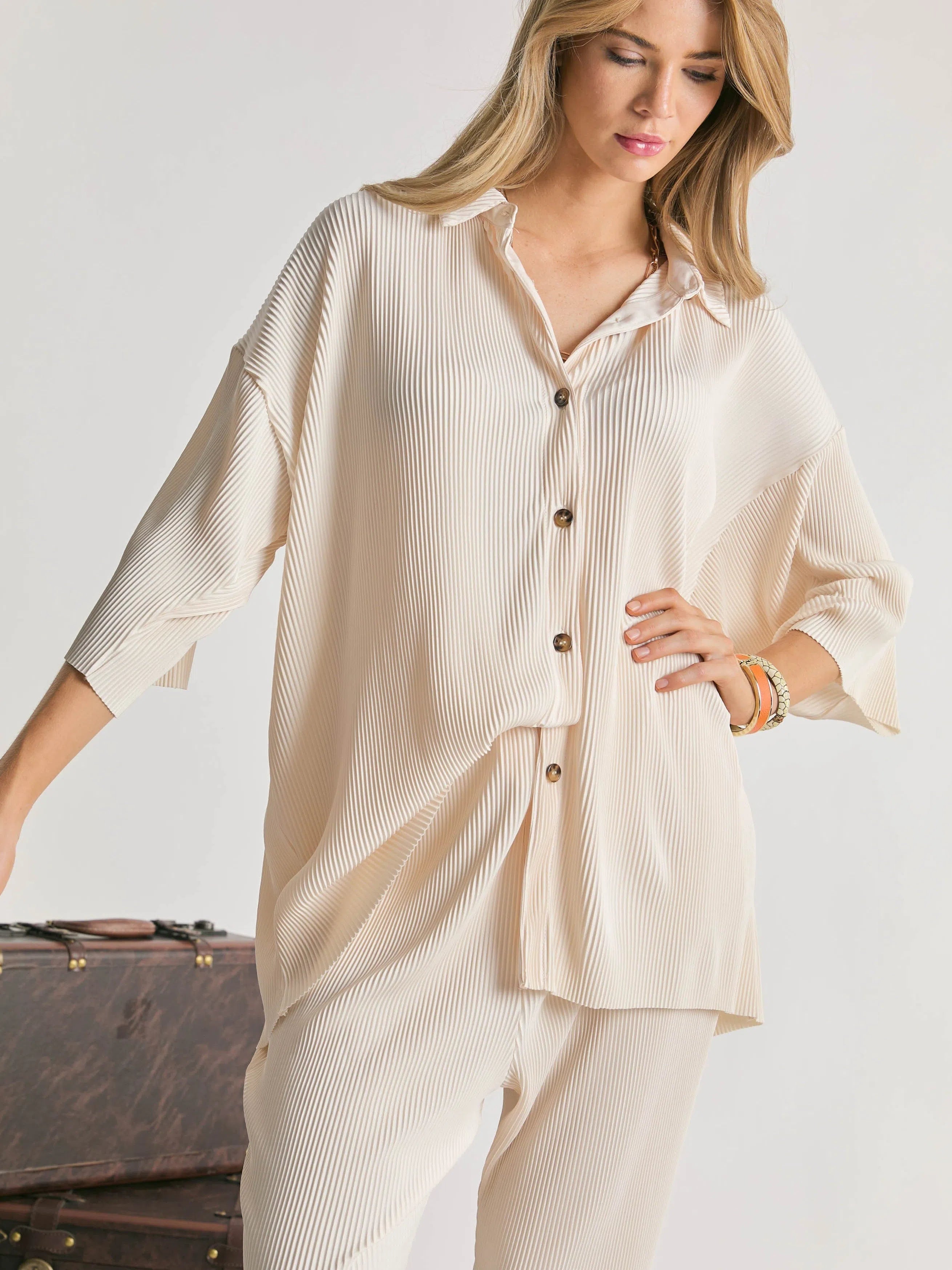 Satin Pleated Oversized Button Shirt in Beige-Women's Shirts & Tops-Shop Z & Joxa