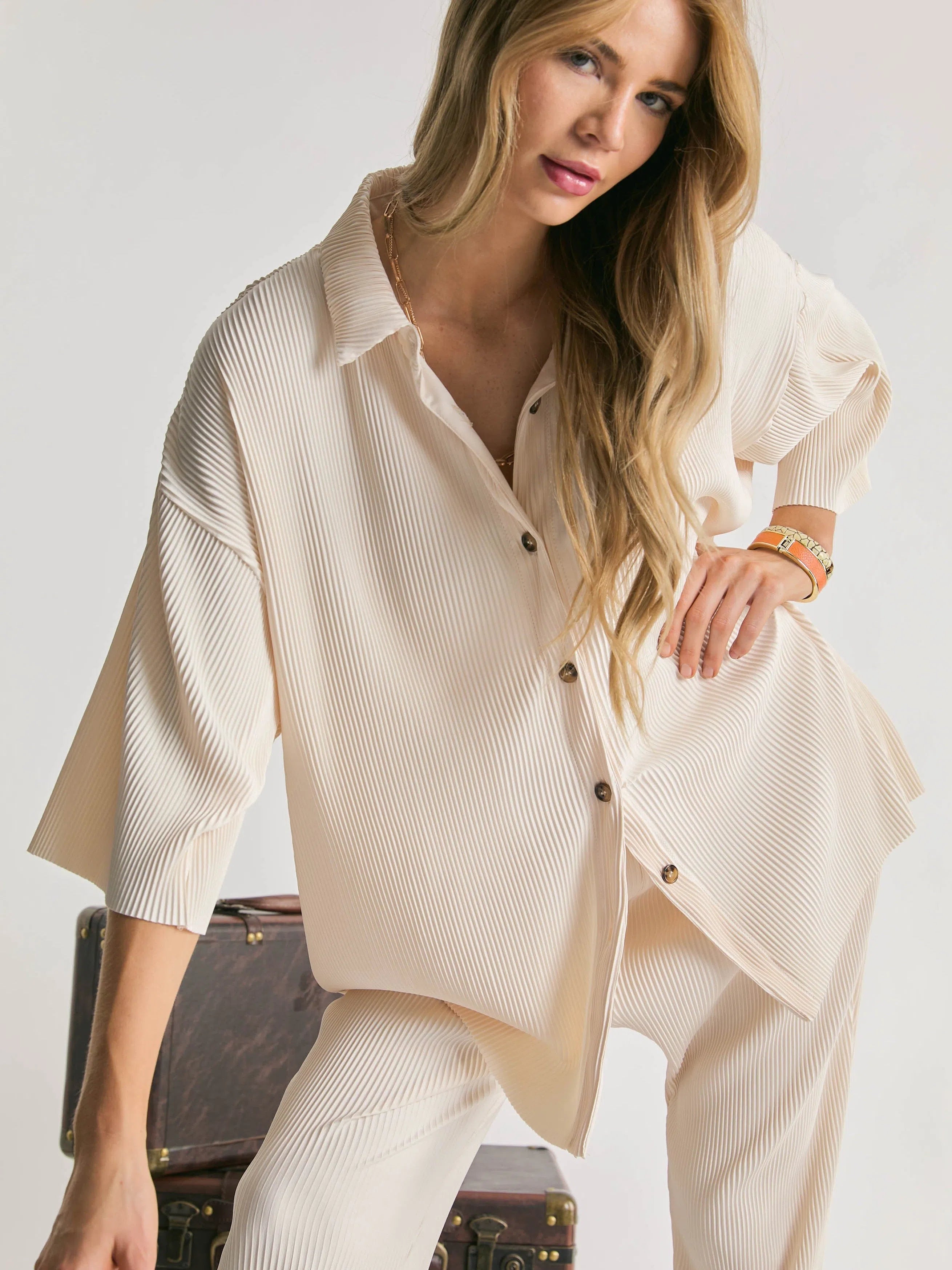 Satin Pleated Oversized Button Shirt in Beige-Women's Shirts & Tops-Shop Z & Joxa