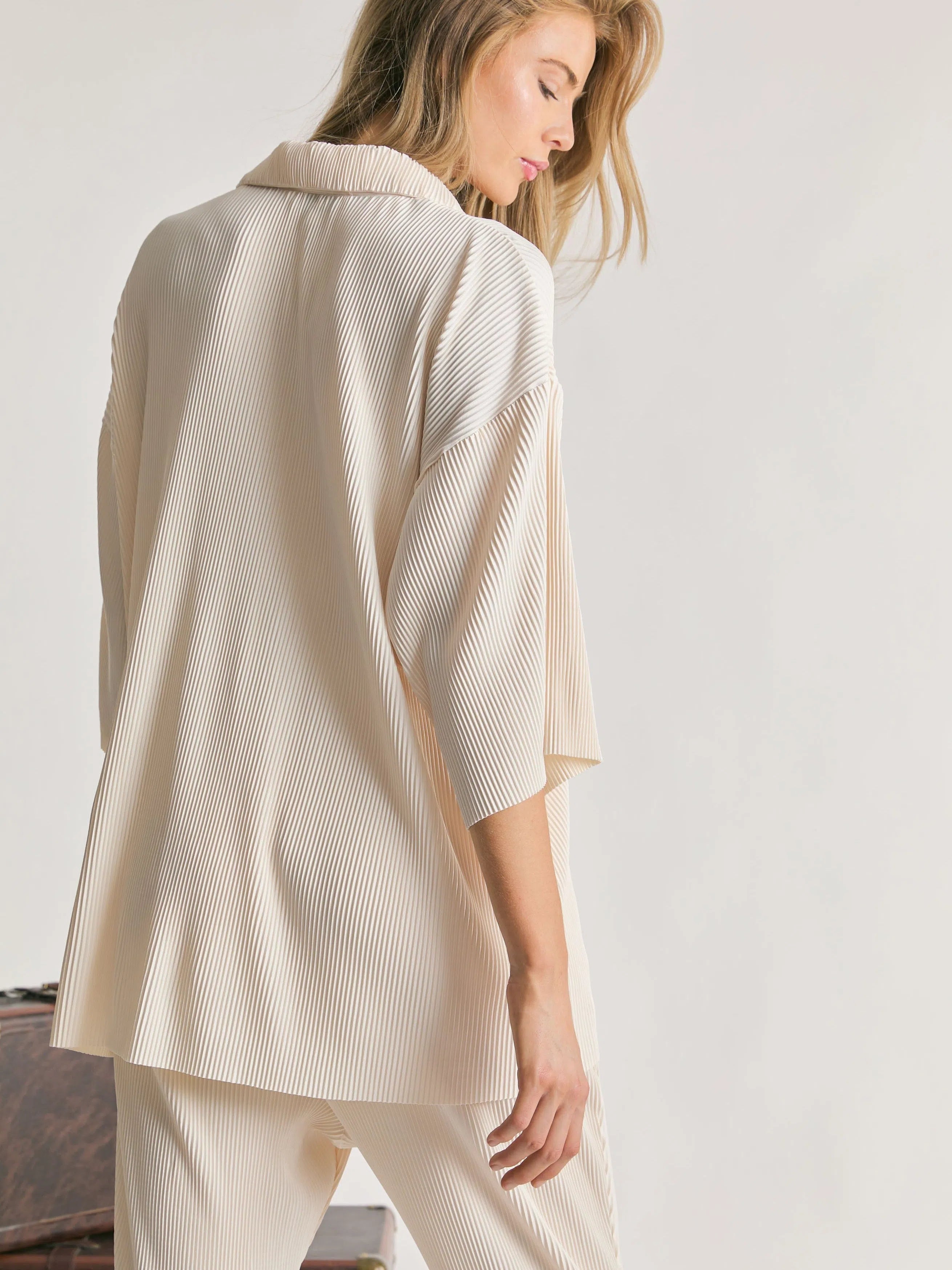 Satin Pleated Oversized Button Shirt in Beige-Women's Shirts & Tops-Shop Z & Joxa
