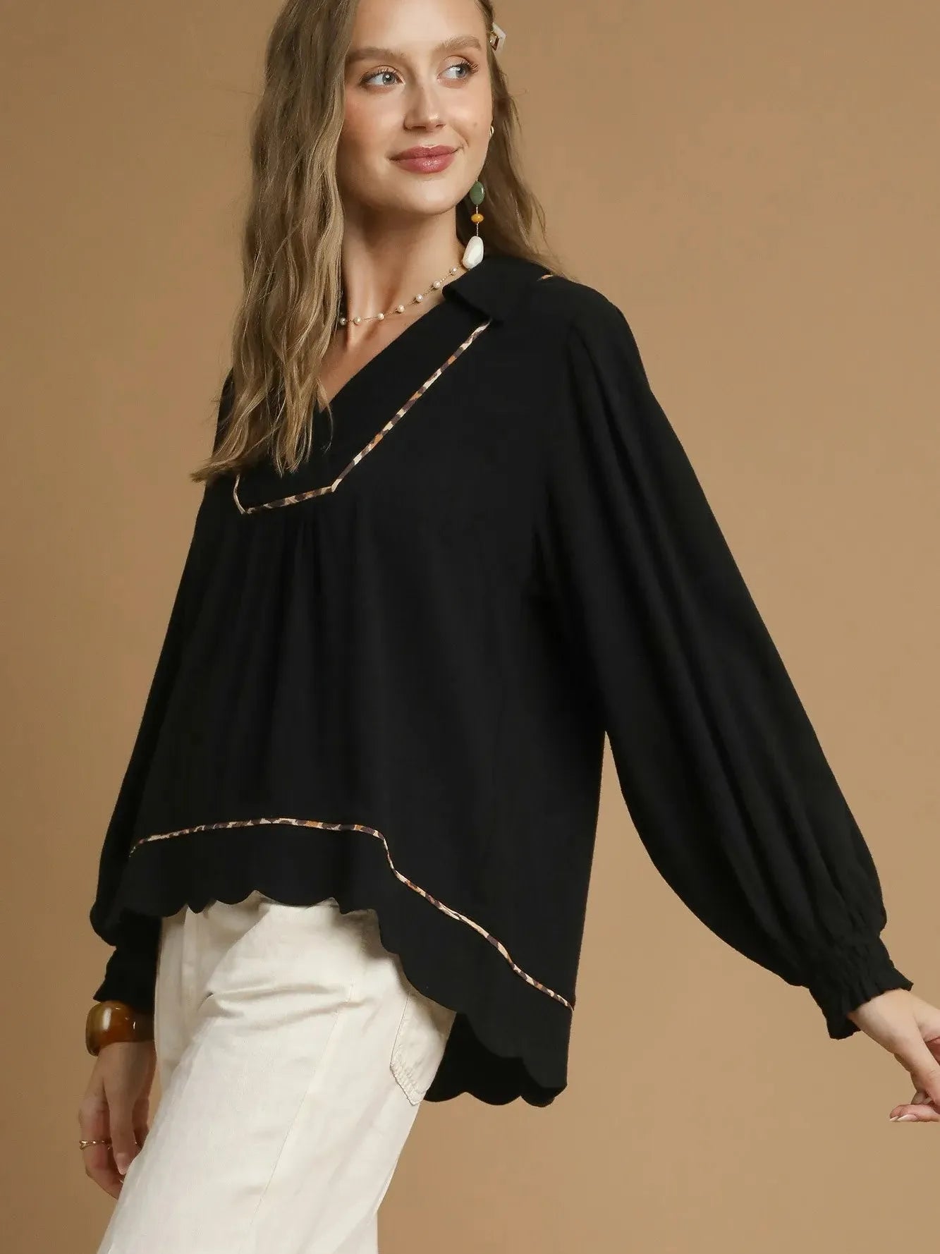 Scallop Chic Black Linen Long Sleeve Blouse by Umgee-Women's Shirts & Tops-Shop Z & Joxa