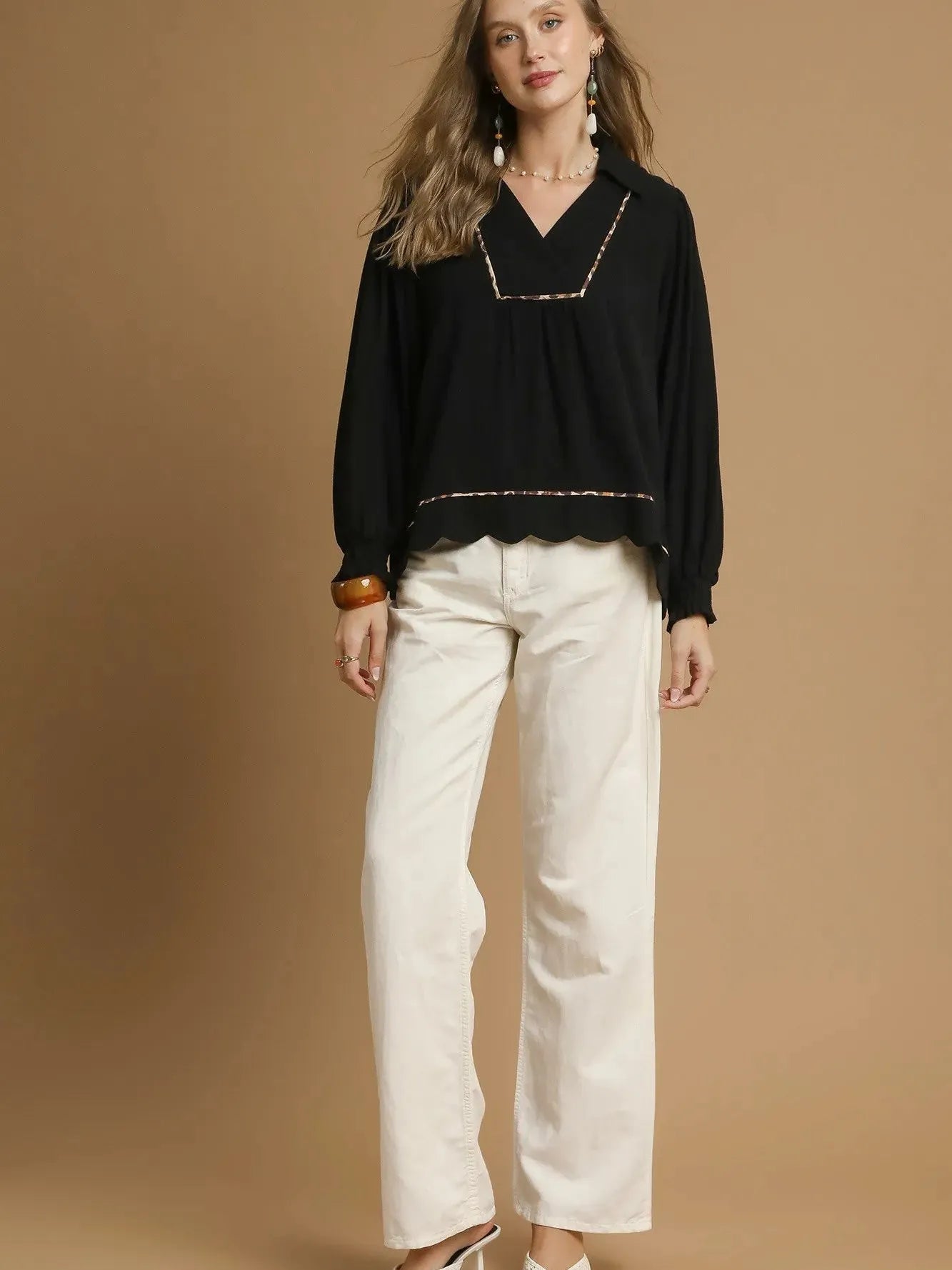 Scallop Chic Black Linen Long Sleeve Blouse by Umgee-Women's Shirts & Tops-Shop Z & Joxa