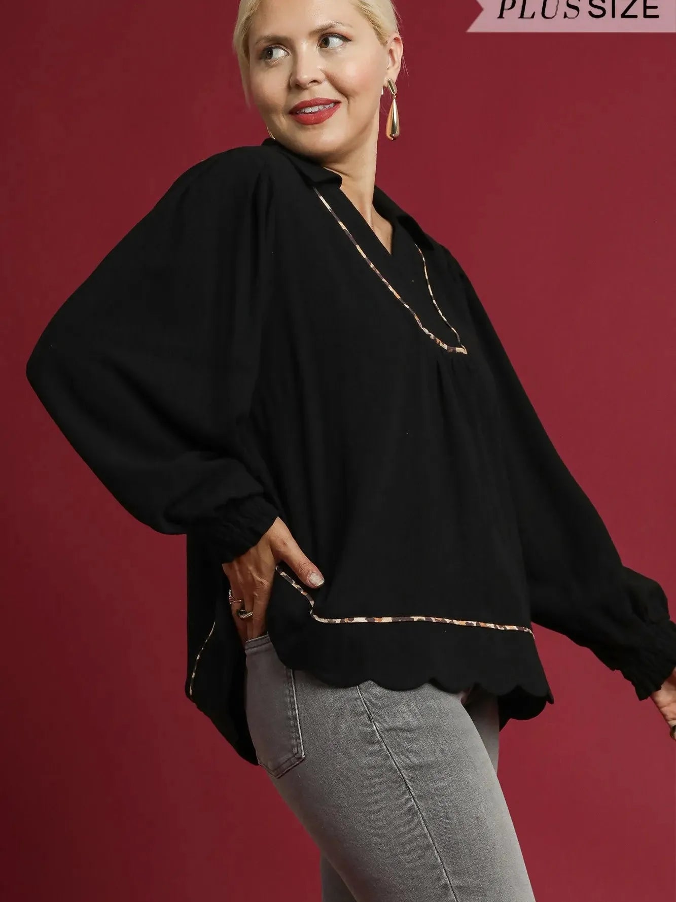 Scallop Chic Black Linen Long Sleeve Blouse by Umgee-Women's Shirts & Tops-Shop Z & Joxa