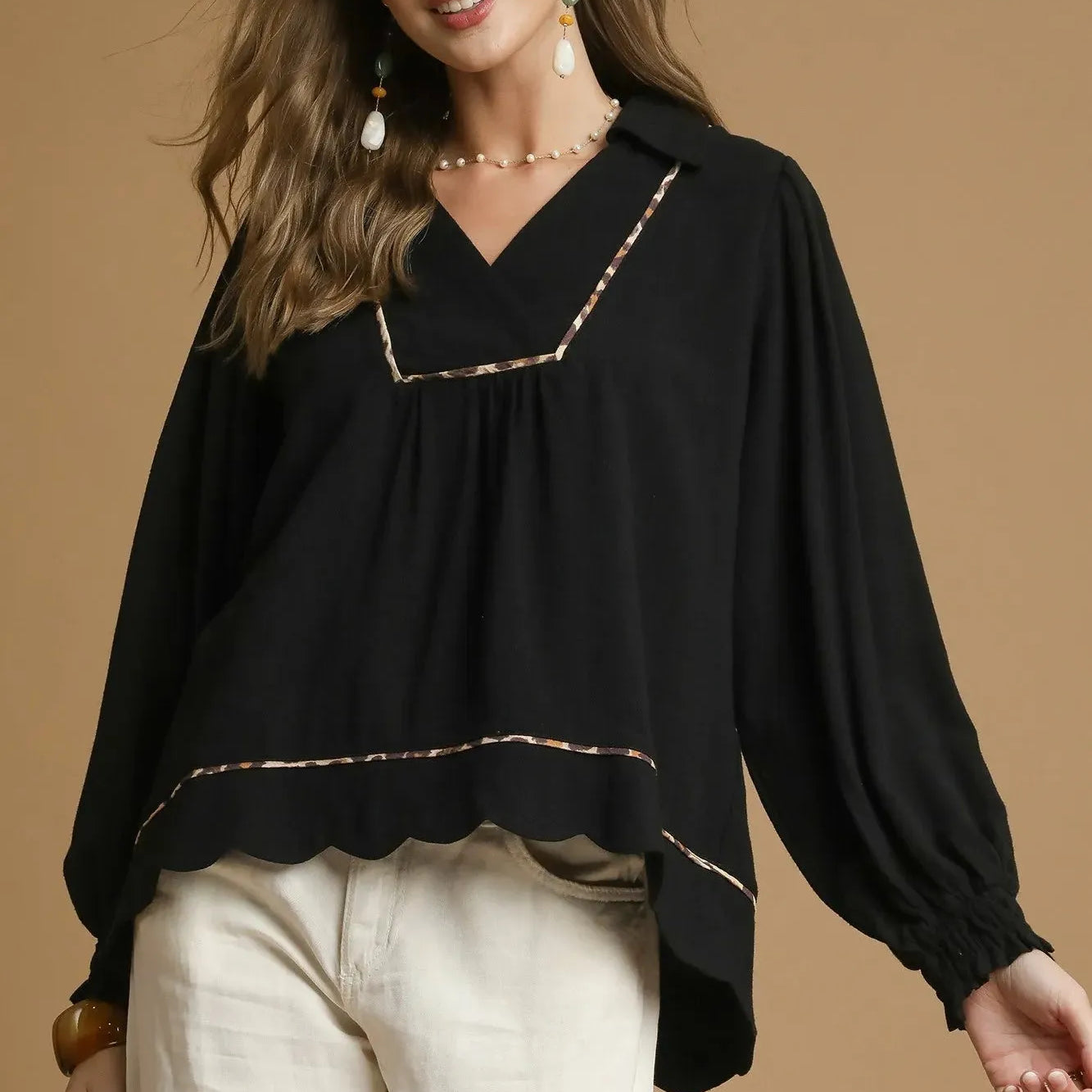 Scallop Chic Black Linen Long Sleeve Blouse by Umgee-Women's Shirts & Tops-Shop Z & Joxa
