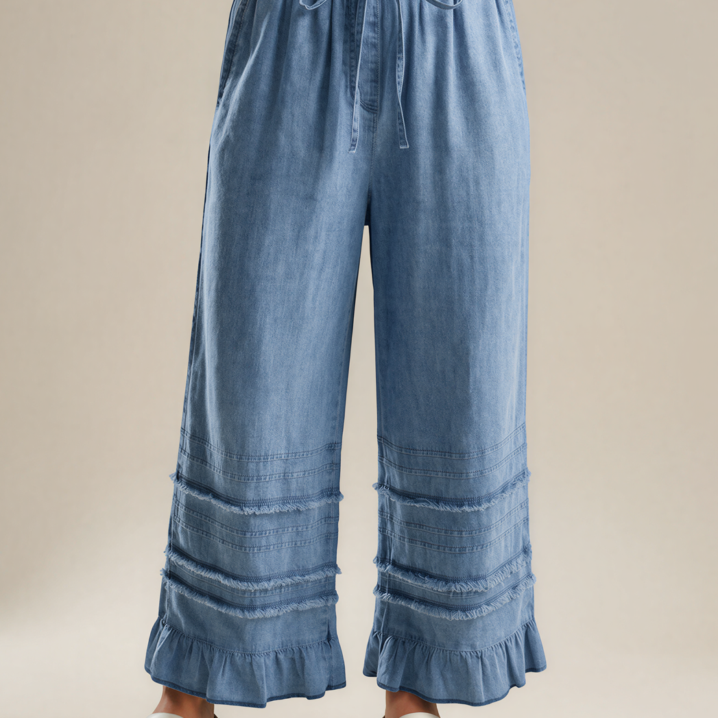 Frankly Darling Ruffled Hem Wide Leg Chambray Pants