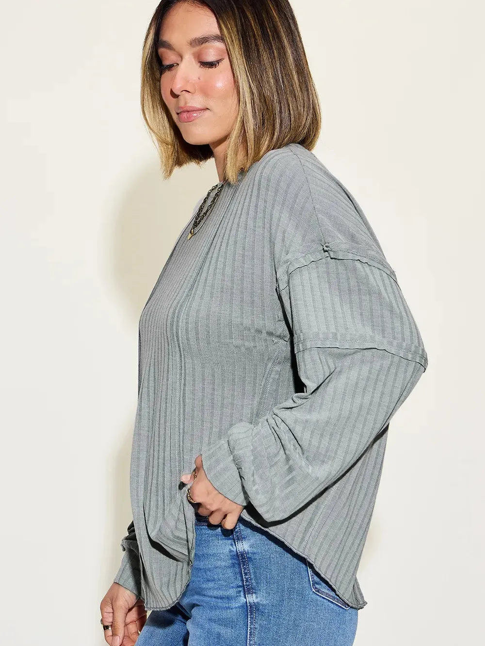 Seam It Up Ribbed Round Neck Long Sleeve Shirt By Basic Bae-Women's Shirts & Tops-Shop Z & Joxa