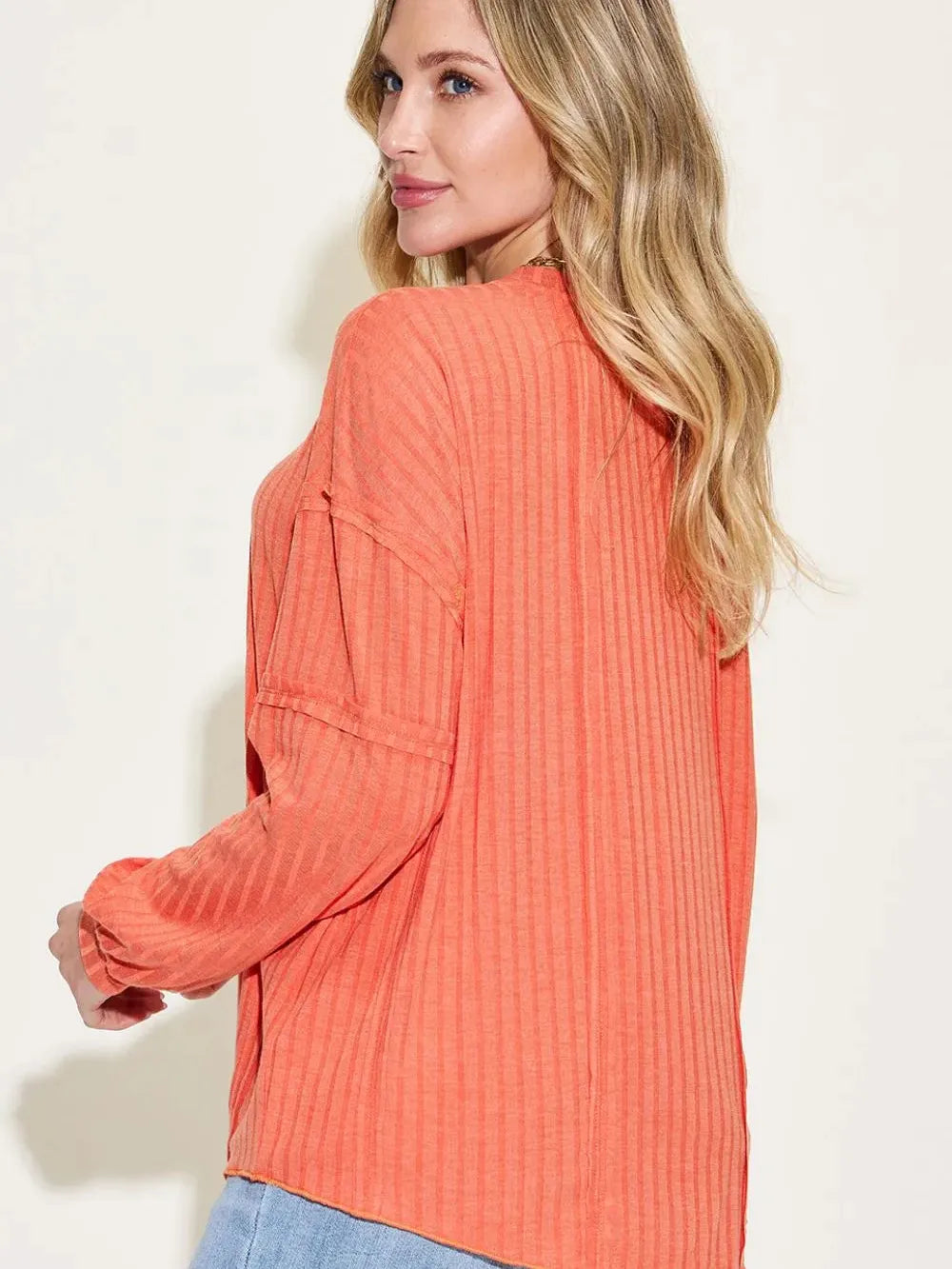 Seam It Up Ribbed Round Neck Long Sleeve Shirt By Basic Bae-Women's Shirts & Tops-Shop Z & Joxa