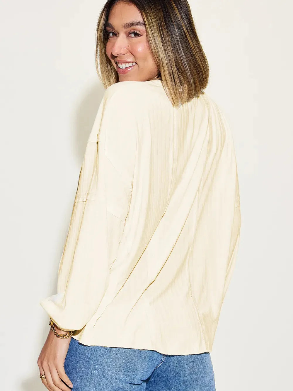 Seam It Up Ribbed Round Neck Long Sleeve Shirt By Basic Bae-Women's Shirts & Tops-Shop Z & Joxa