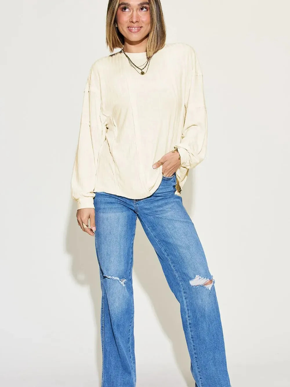 Seam It Up Ribbed Round Neck Long Sleeve Shirt By Basic Bae-Women's Shirts & Tops-Shop Z & Joxa