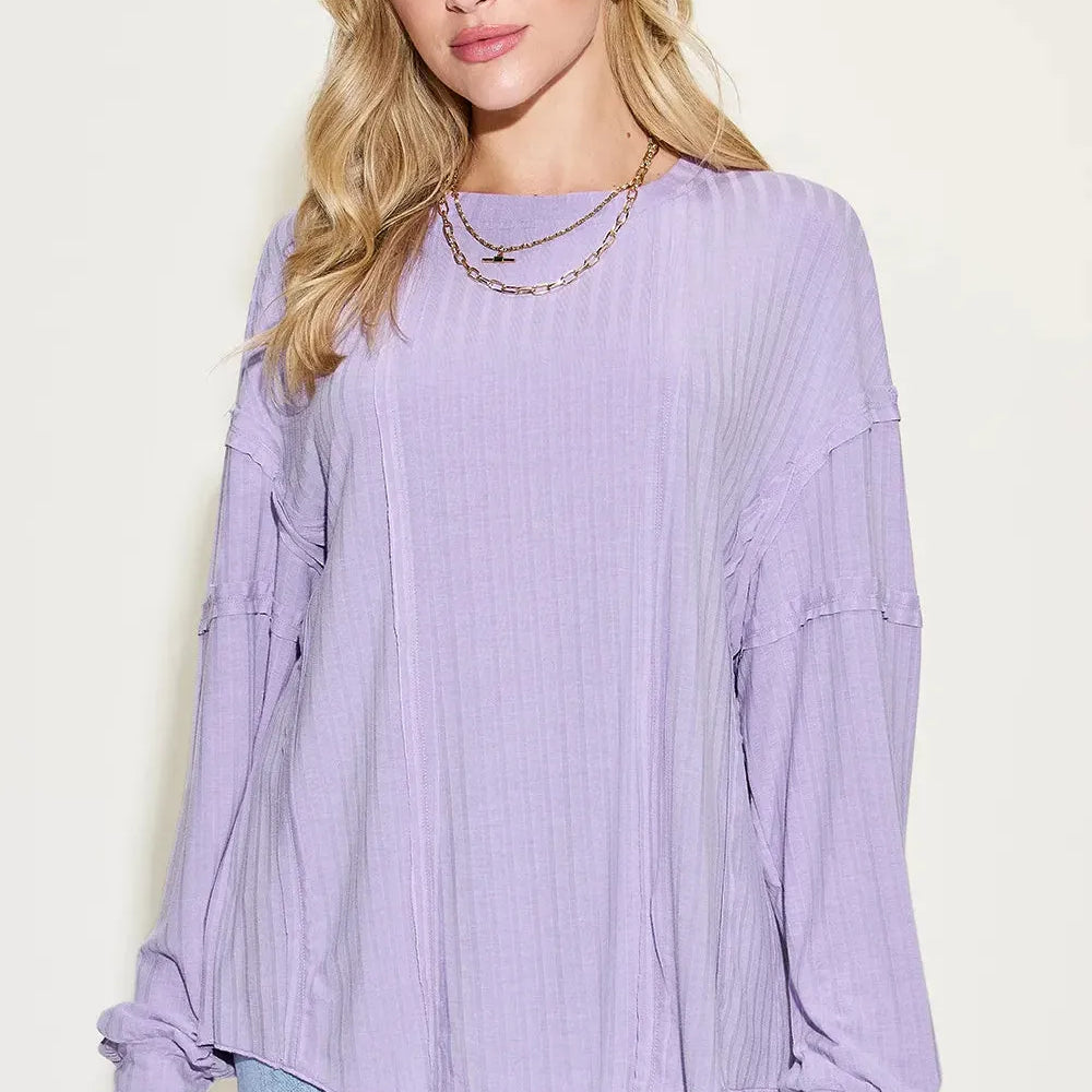 Seam It Up Ribbed Round Neck Long Sleeve Shirt By Basic Bae-Women's Shirts & Tops-Shop Z & Joxa