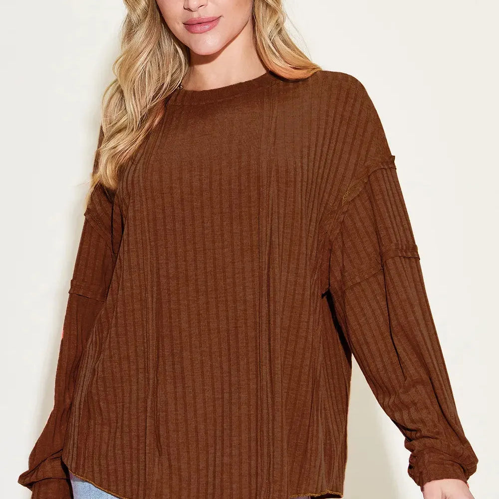 Seam It Up Ribbed Round Neck Long Sleeve Shirt By Basic Bae-Women's Shirts & Tops-Shop Z & Joxa