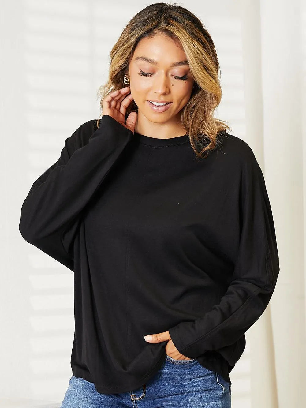 Seamlessly Chic: Double Take Long Sleeve Round Neck Sweater-Women's Shirts & Tops-Shop Z & Joxa