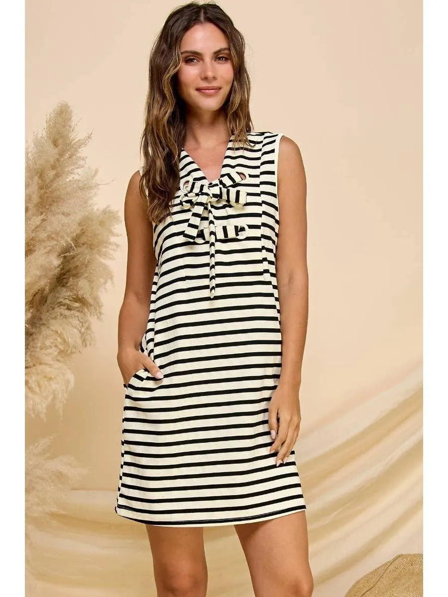 Seaside Serenity Eyelet Ribbon Sleeveless Striped Mini Dress-Women's Clothing-Shop Z & Joxa