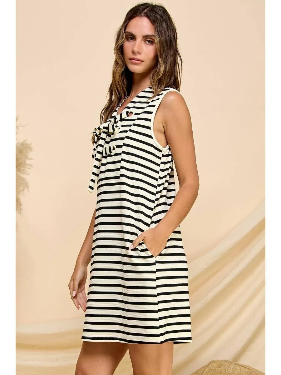 Seaside Serenity Eyelet Ribbon Sleeveless Striped Mini Dress-Women's Clothing-Shop Z & Joxa
