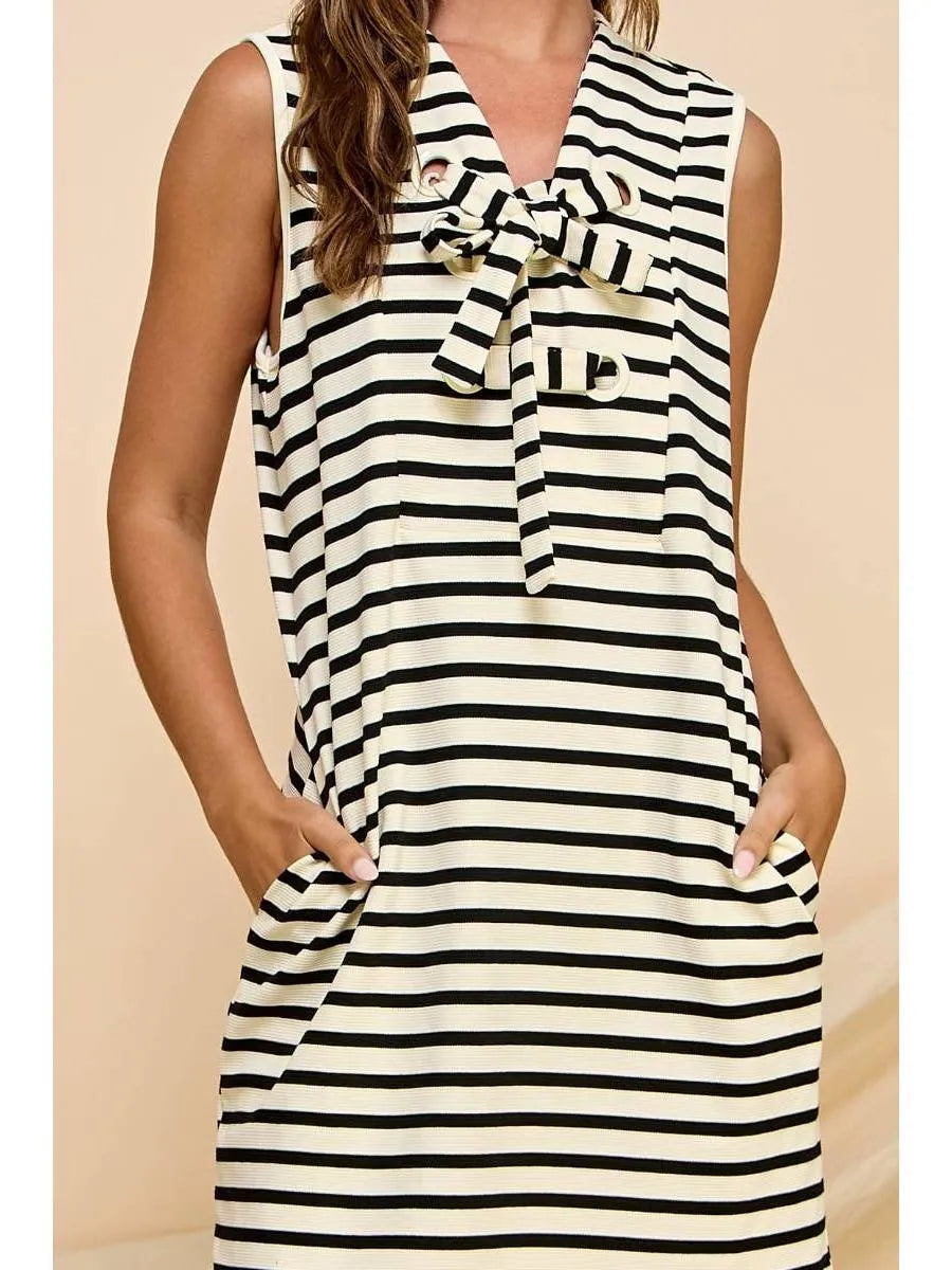 Seaside Serenity Eyelet Ribbon Sleeveless Striped Mini Dress-Women's Clothing-Shop Z & Joxa