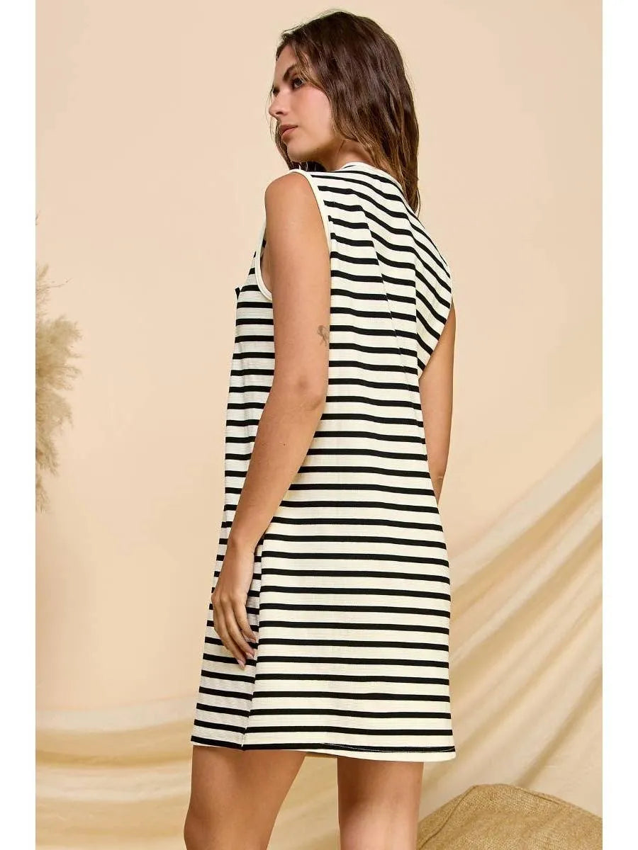 Seaside Serenity Eyelet Ribbon Sleeveless Striped Mini Dress-Women's Clothing-Shop Z & Joxa