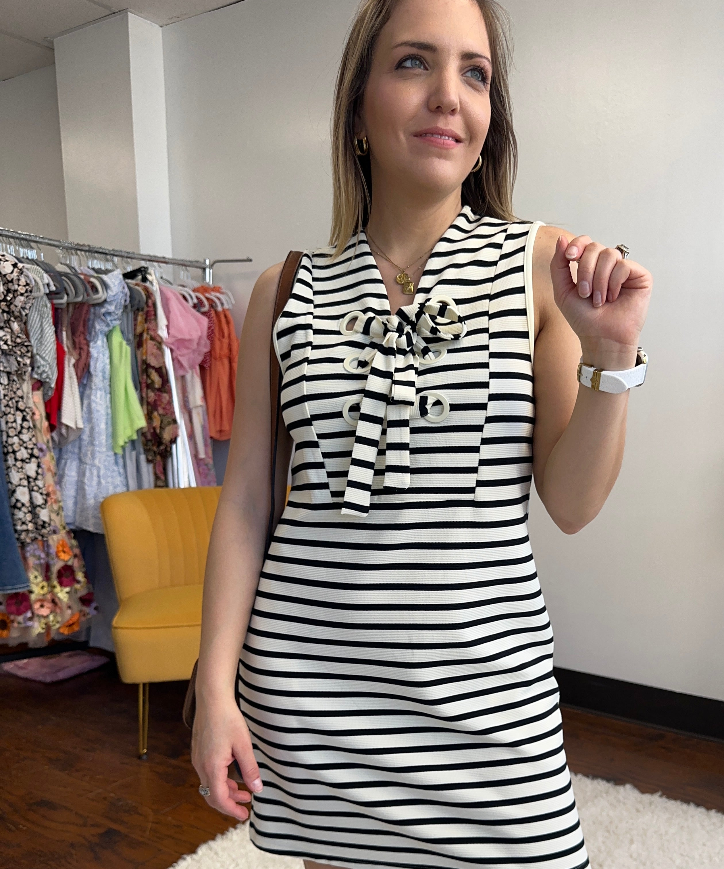 Seaside Serenity Eyelet Ribbon Sleeveless Striped Mini Dress-Women's Clothing-Shop Z & Joxa