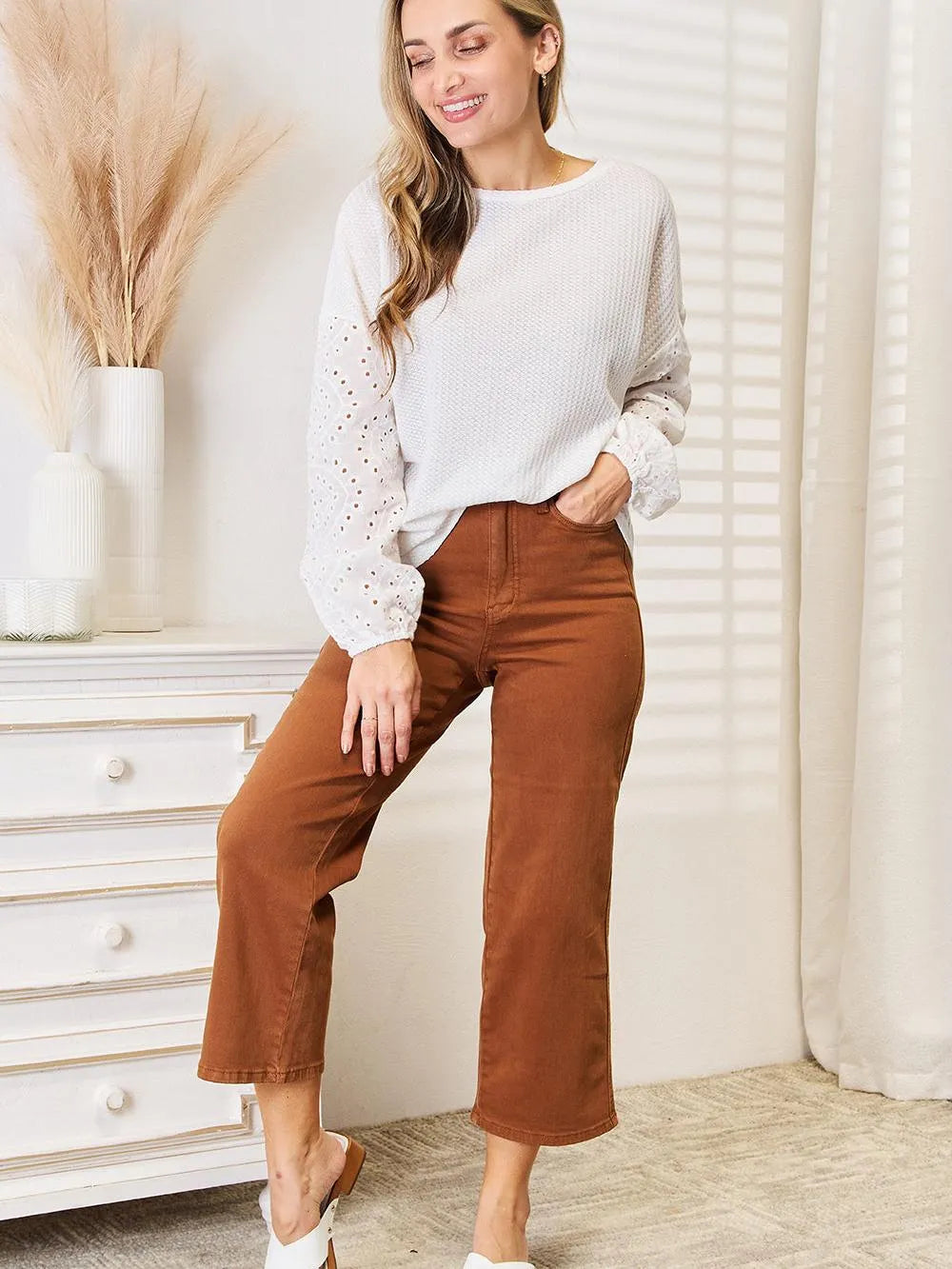 Shiny Whisper Lace Eyelet Long Sleeve Drop Shoulder Blouse-Women's Shirts & Tops-Shop Z & Joxa