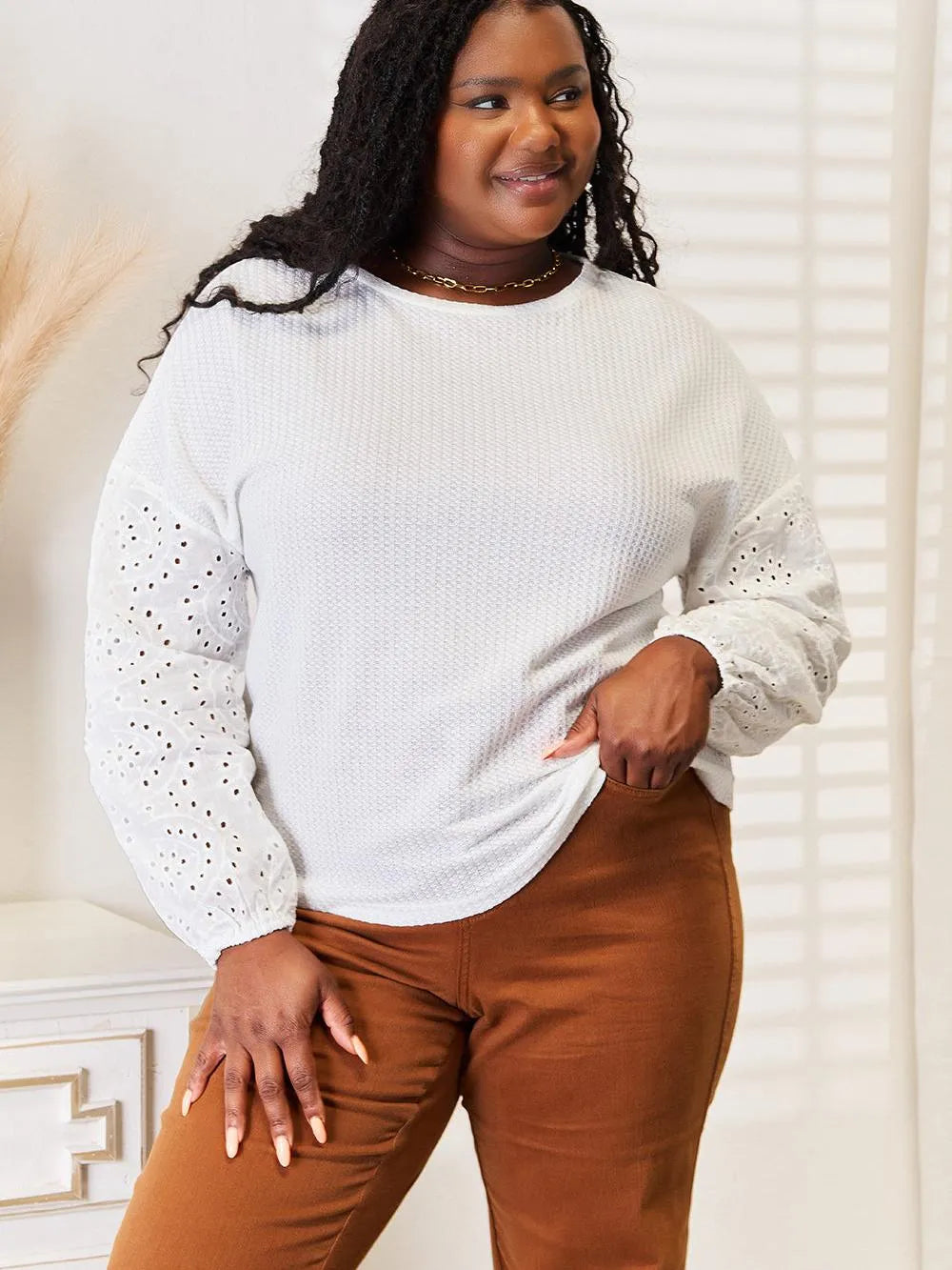 Shiny Whisper Lace Eyelet Long Sleeve Drop Shoulder Blouse-Women's Shirts & Tops-Shop Z & Joxa