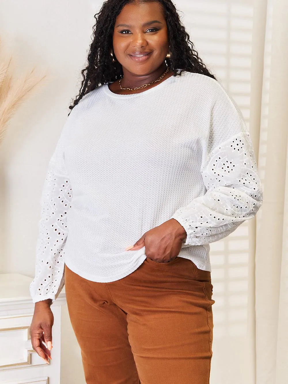 Shiny Whisper Lace Eyelet Long Sleeve Drop Shoulder Blouse-Women's Shirts & Tops-Shop Z & Joxa