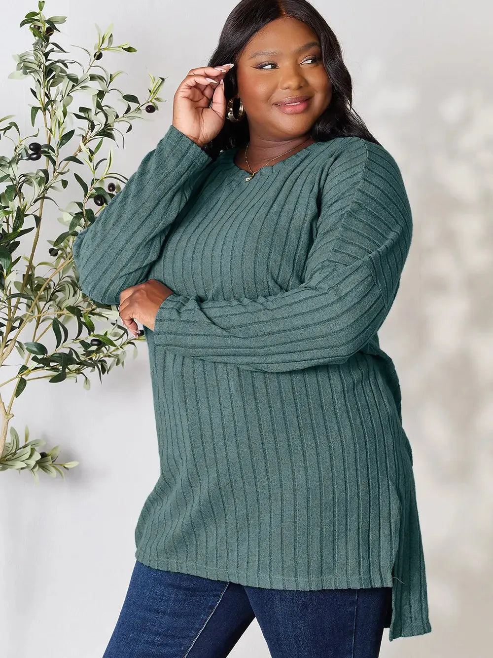 Side Hustle Ribbed Slit Hem Long Sleeve Top by Basic Bae-Women's Shirts & Tops-Shop Z & Joxa