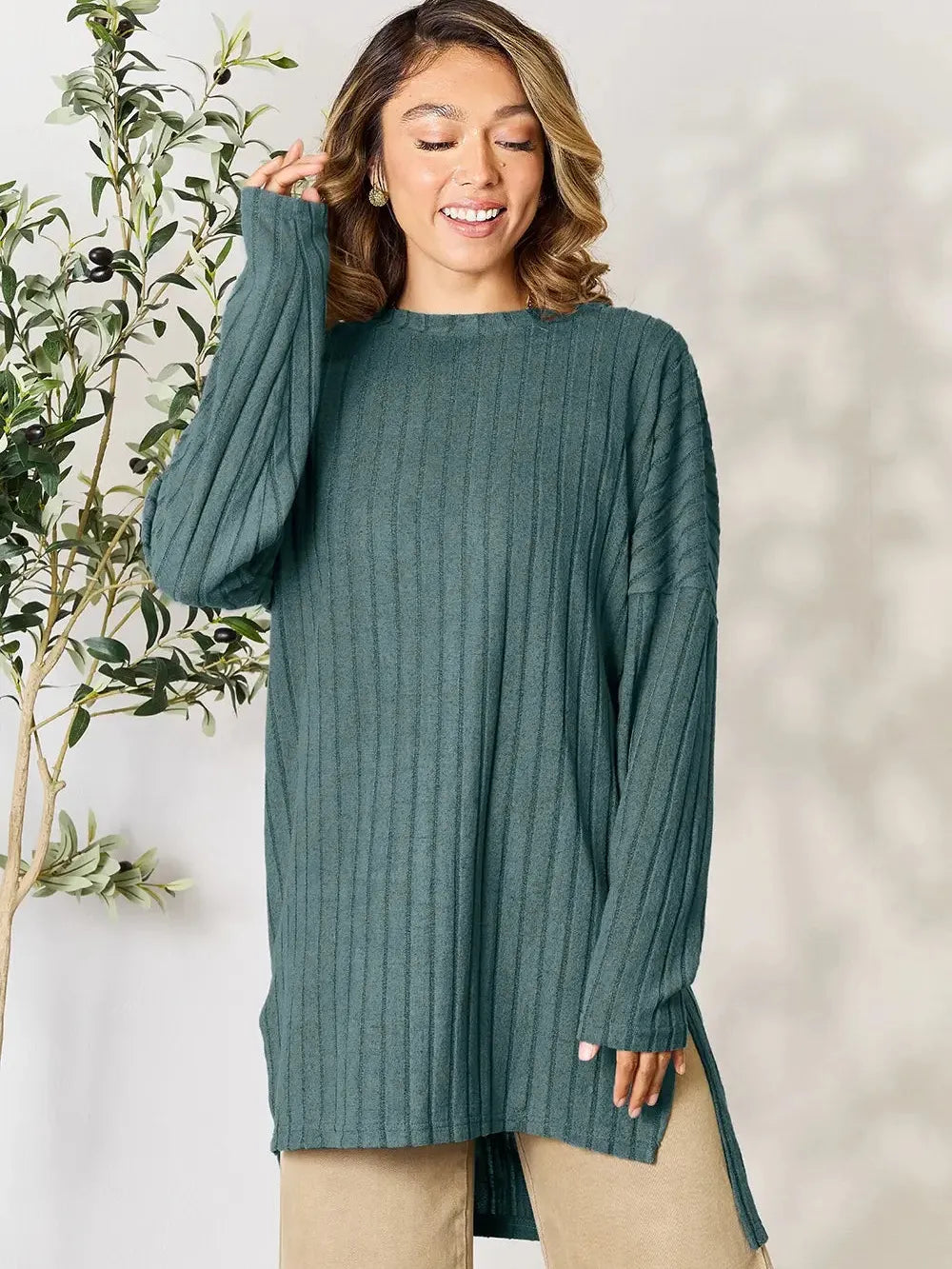 Side Hustle Ribbed Slit Hem Long Sleeve Top by Basic Bae-Women's Shirts & Tops-Shop Z & Joxa