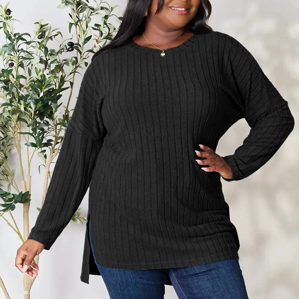 Side Hustle Ribbed Slit Hem Long Sleeve Top by Basic Bae-Women's Shirts & Tops-Shop Z & Joxa