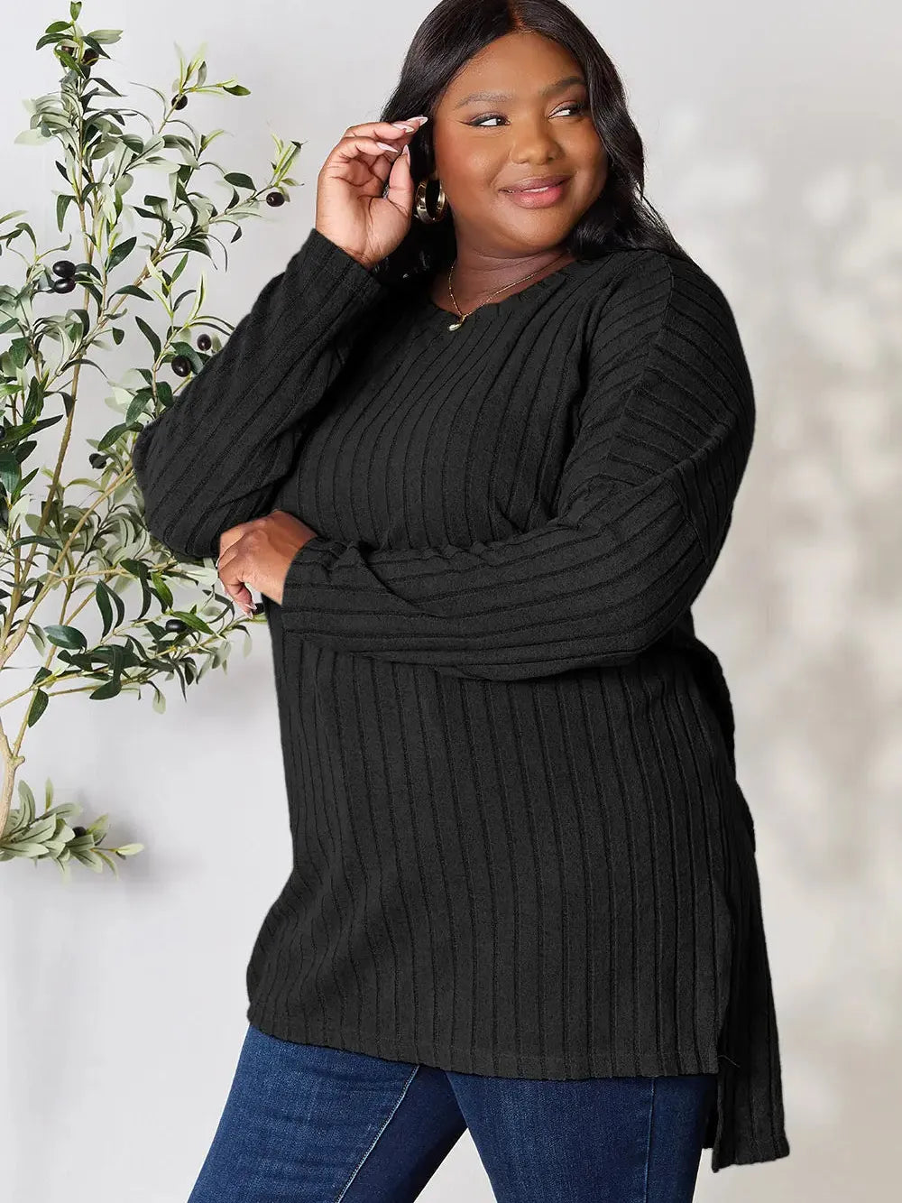 Side Hustle Ribbed Slit Hem Long Sleeve Top by Basic Bae-Women's Shirts & Tops-Shop Z & Joxa